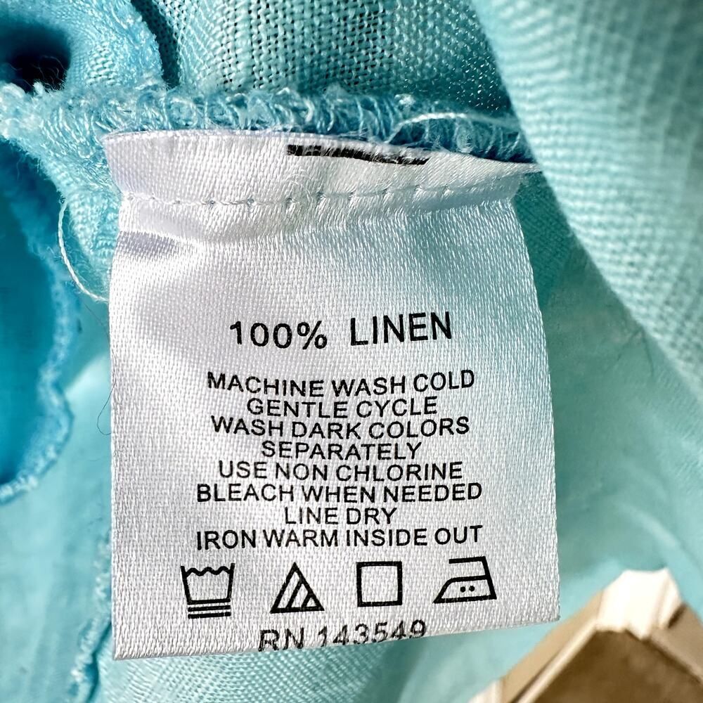 Symple NYC Sz S 100% Linen Aqua Blue Button Front Asymmetric Hem Tunic Lagenlook - Picture 7 of 7